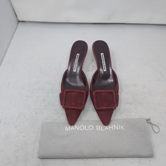 Manolo Blahnik Burgundy Suede Maysale Mules - Picture 7 of 11